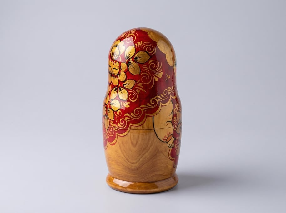 Wooden nesting doll in traditional folk-art style with red and gold hand-painted floral lacquer deco