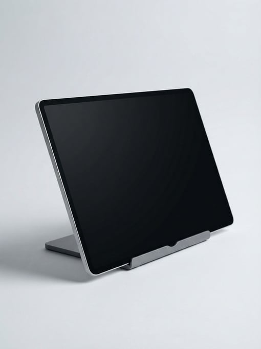 Standing tablet with a matte black glass screen, thin aluminum bezels