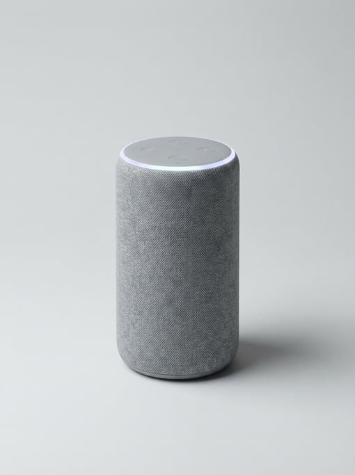 Cylindrical smart speaker in stone grey knit fabric with a top-mounted LED light ring and touch-sens