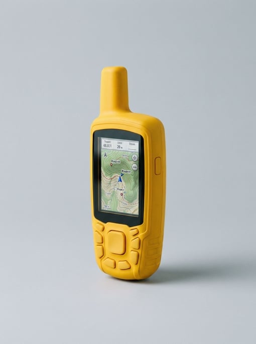Handheld GPS device in rugged yellow rubberized housing with a sunlight-readable color LCD screen an