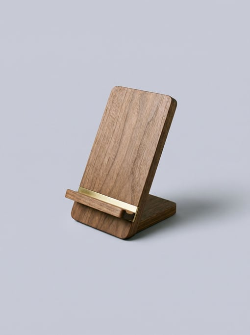 Wireless phone charging stand in natural walnut wood with a brass accent line and angled cradle desi