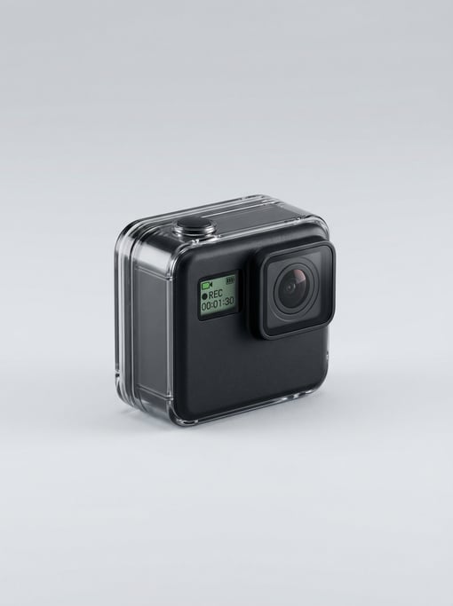 Compact action camera in matte black polycarbonate with a waterproof housing, tiny lens