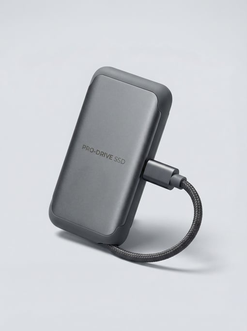 External SSD drive in gunmetal anodized aluminum with a short braided USB-C cable and rounded shock-