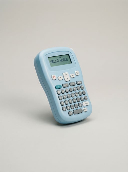 Portable label maker in pastel blue ABS plastic with a small backlit LCD screen and a QWERTY rubber