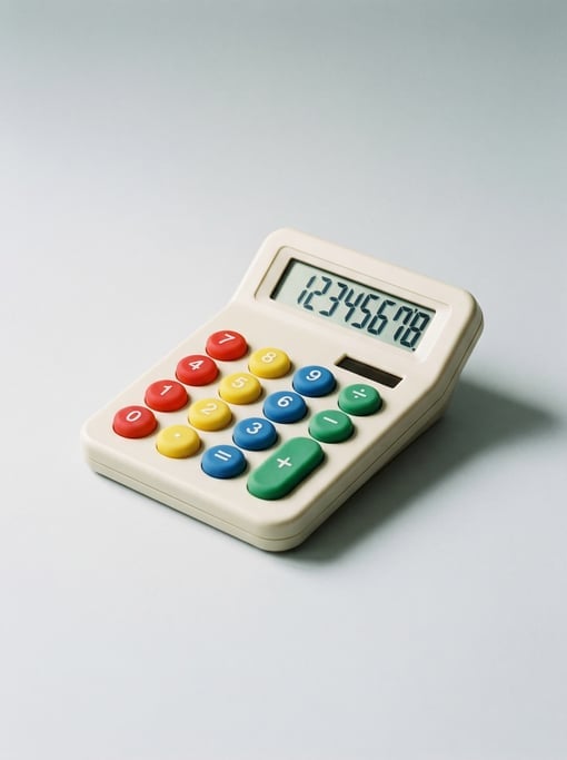 Desktop calculator in matte ivory plastic with oversized multicolored silicone buttons and an angled