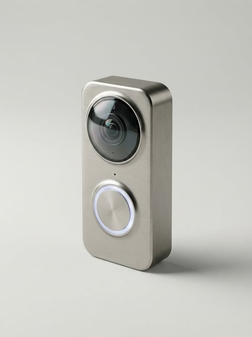 Smart doorbell camera in brushed nickel with a glowing illuminated ring button and a wide-angle glas