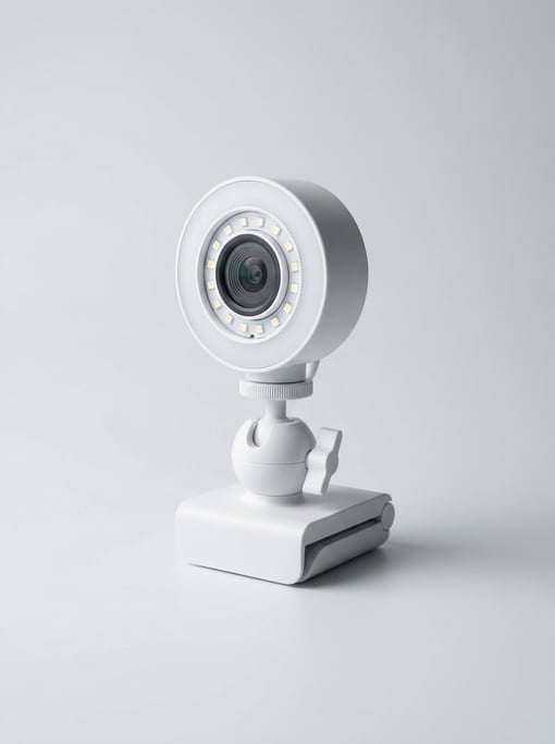 Streaming webcam with a built-in LED ring light in matte white housing and an adjustable ball-joint