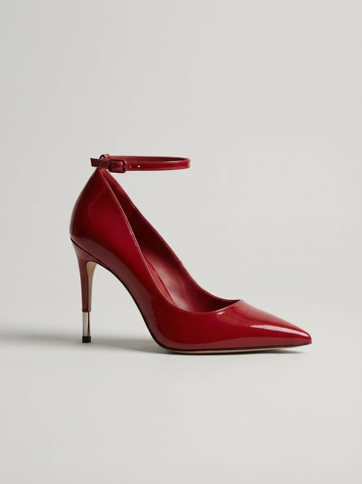 Pointed-toe stiletto pump in glossy patent red leather with a thin ankle strap and a metal-tipped he