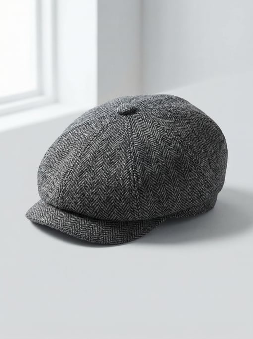 Wool newsboy cap in grey herringbone tweed with a snap-brim peak and a covered button on the crown