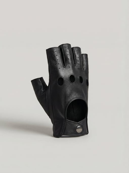 Fingerless driving glove in butter-soft black lambskin leather with perforated knuckle vents and a s