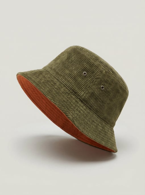 Corduroy bucket hat in olive green wide-wale cord with a contrasting orange cotton inner brim and me
