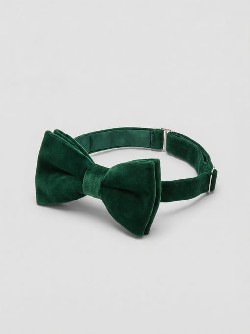 Pre-tied bow tie in rich velvet forest green with adjustable silver-tone metal hardware and a satin-