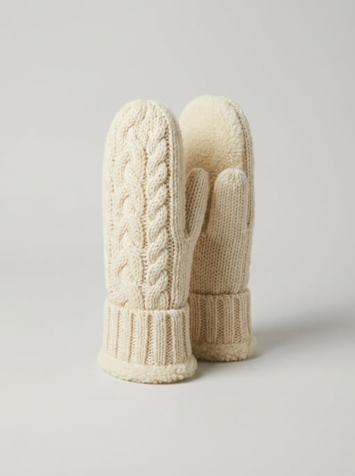 Hand-knitted cream wool mittens in a cable-knit pattern with ribbed cuffs and a fleece-lined interio