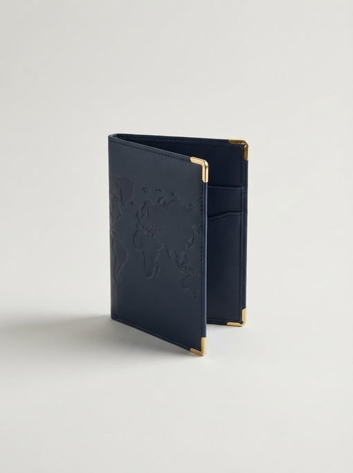 Embossed leather passport cover in dark navy blue with gold foil corner accents and a bi-fold card p