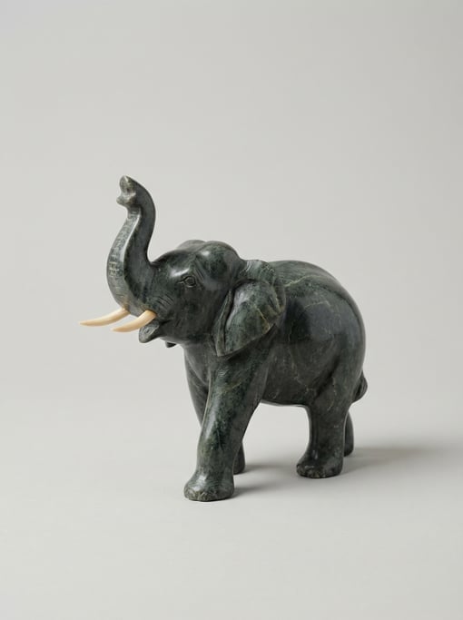 Carved dark grey-green soapstone elephant figurine with a raised trunk, polished smooth surface