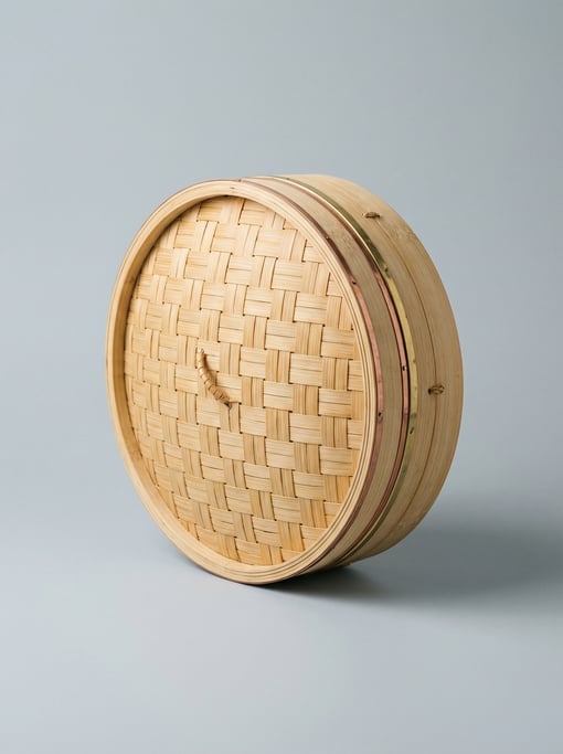 Bamboo steamer basket with a fitted domed woven lid
