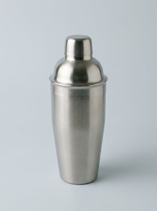 Stainless steel cocktail shaker with a brushed satin body, built-in strainer cap