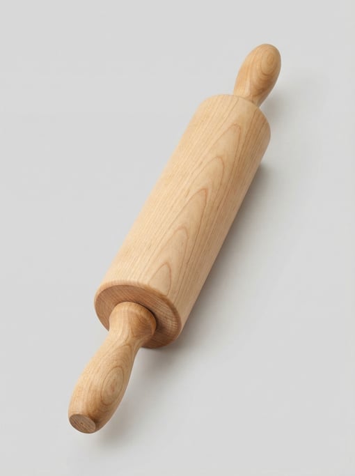 Wooden rolling pin in light maple hardwood with turned fixed handles, a smooth barrel surface