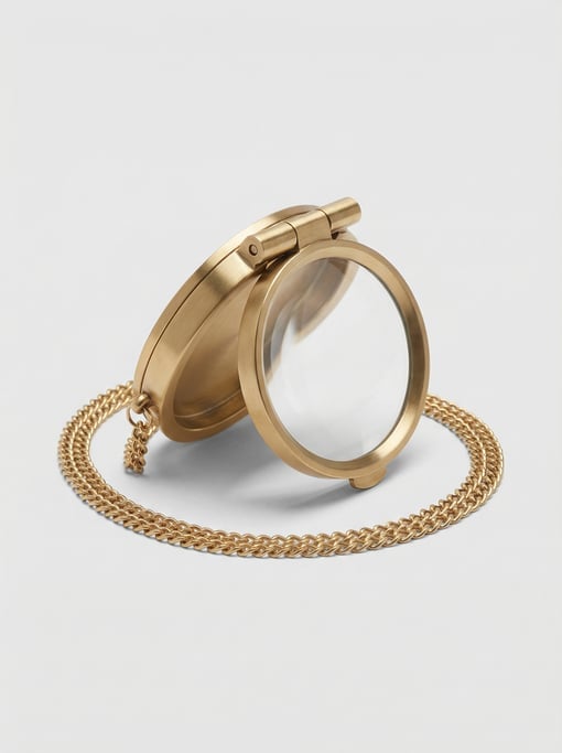 Brass watchmaker magnifying loupe on a delicate curb-link chain with a hinged folding case and polis