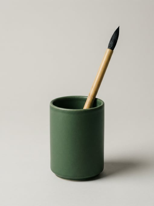 Ceramic pen cup in matte forest green glaze holding a single bamboo-handled Japanese calligraphy bru