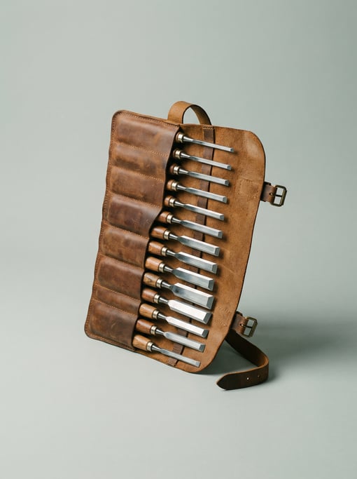 Set of wood carving chisels in a rolled leather tool case