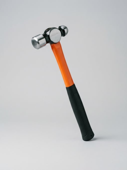 Ball-peen hammer with a polished chrome-plated double head and a bright orange fiberglass shaft with