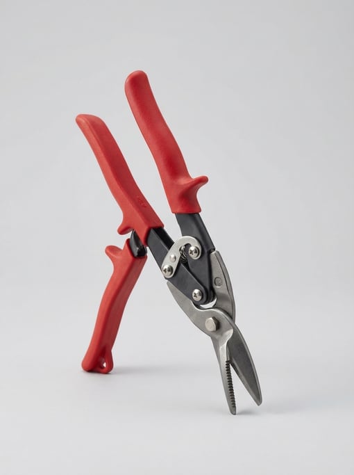 Tin snips with compound-leverage red-dipped thermoplastic handles, spring-loaded return mechanism