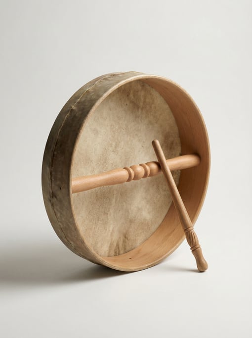 Celtic bodhran frame drum with a natural goatskin head, a turned beech crossbar