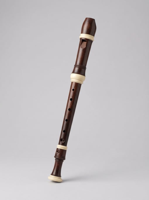 Wooden recorder flute in dark stained rosewood with ivory-colored ABS accent rings and a Baroque fin