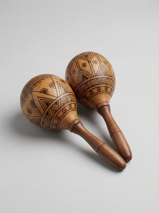 Hand-crafted wooden maracas with burned pyrography geometric patterns