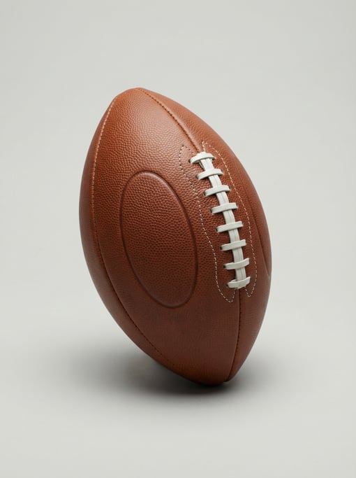 American leather football in rich saddle brown pebbled cowhide with white lacing, pointed ends