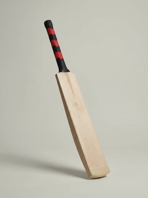 Wooden cricket bat with a pressed willow blade, rubber chevron grip handle