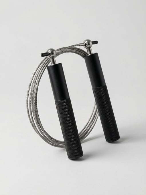 Speed jump rope with knurled matte black aluminum handles, a thin braided steel cable