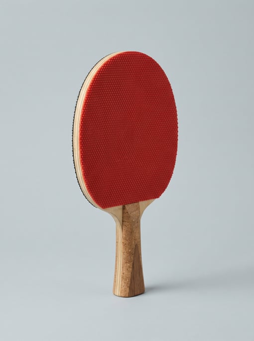 Table tennis paddle with a red pimpled rubber face, five-ply plywood blade