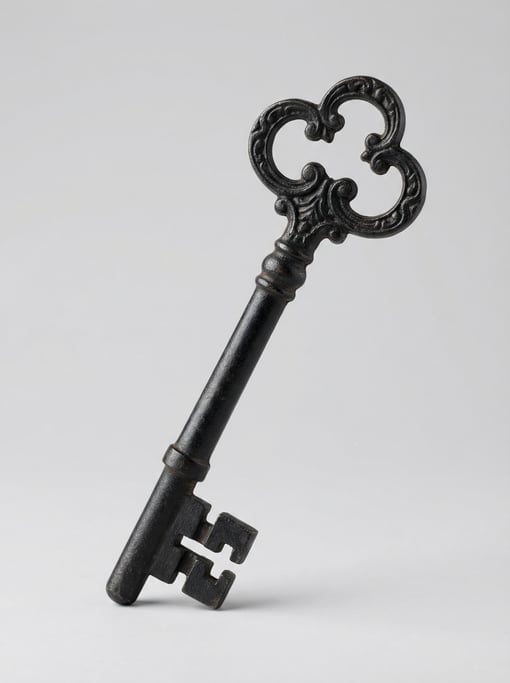 Antique blackened iron skeleton key with an ornate trefoil bow design, a long barrel shaft
