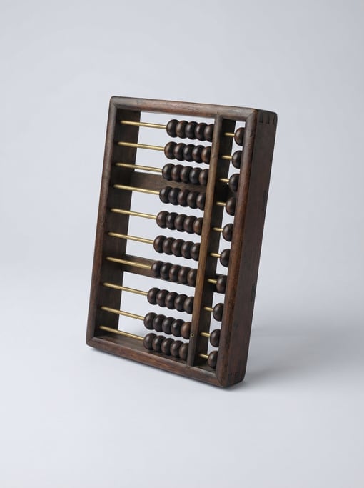 Antique wooden abacus with brass rods, dark polished wooden counting beads