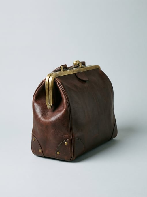 Vintage leather doctor bag in dark brown cowhide with a brass spring-frame kiss-lock closure and rei