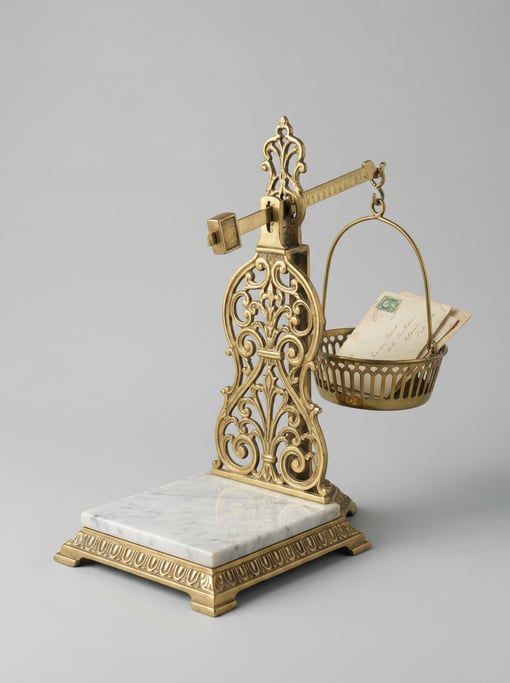 Ornate brass postal letter scale with a marble base platform, graduated counterweight arm