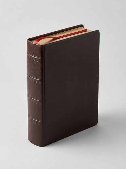 Thick leather-bound hardcover book with gilt-edged pages, a satin ribbon bookmark