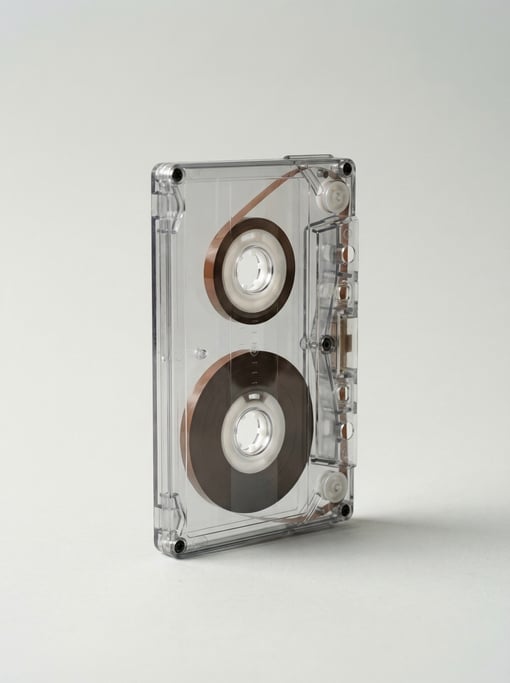 Compact cassette tape in a transparent shell revealing the brown magnetic tape wound on white plasti