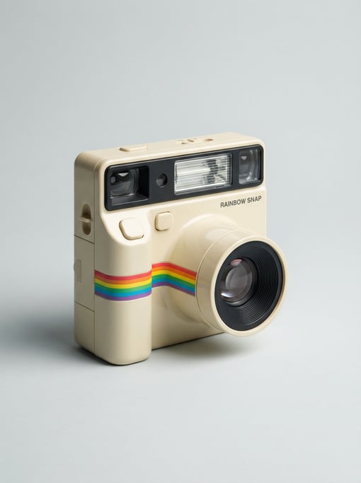 Retro instant camera in cream-colored plastic body with a rainbow stripe accent band and a built-in