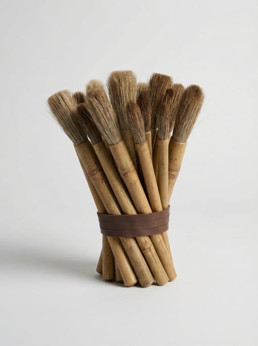Fan-shaped set of watercolor wash brushes with natural bamboo handles bound together by a wide rubbe