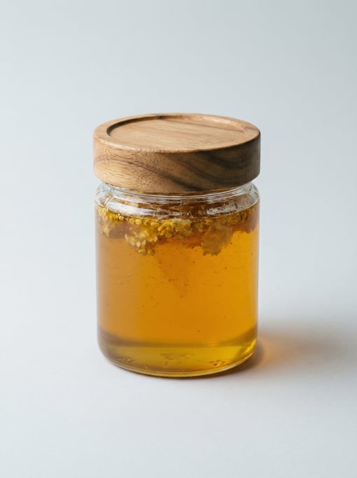 Jar of raw wildflower honey in thick clear glass with a wooden screw-top lid and visible golden liqu