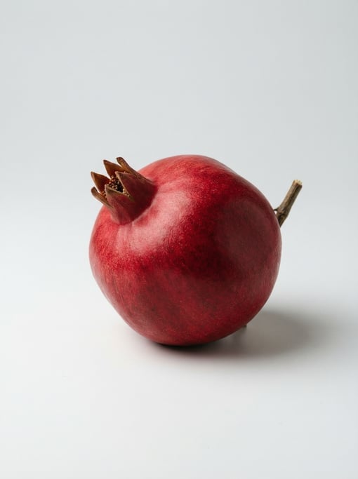Single ripe pomegranate with deep crimson matte skin, a prominent calyx crown