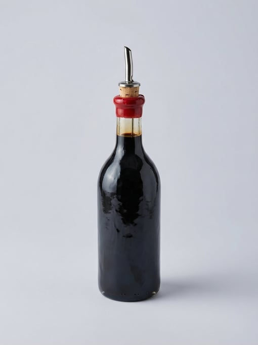 Bottle of aged balsamic vinegar in dark hand-blown glass with a wax-sealed natural cork and a pour s