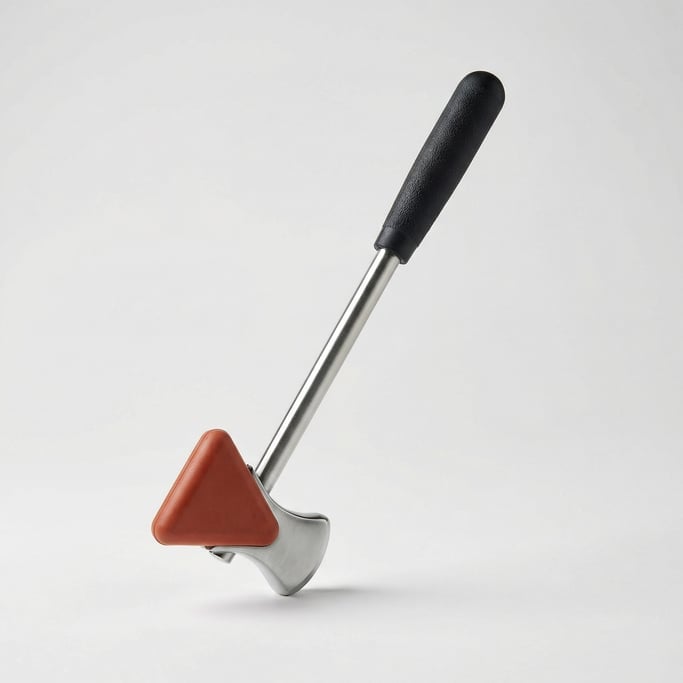 Triangular rubber reflex hammer with a brushed chrome shaft, weighted tomahawk-style head