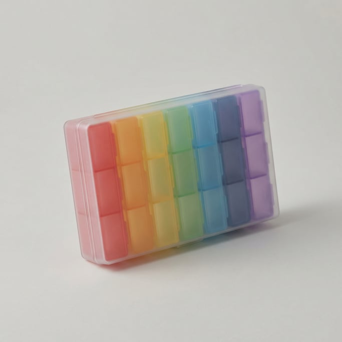 Weekly pill organizer in translucent frosted polycarbonate with seven color-coded snap-lid compartme