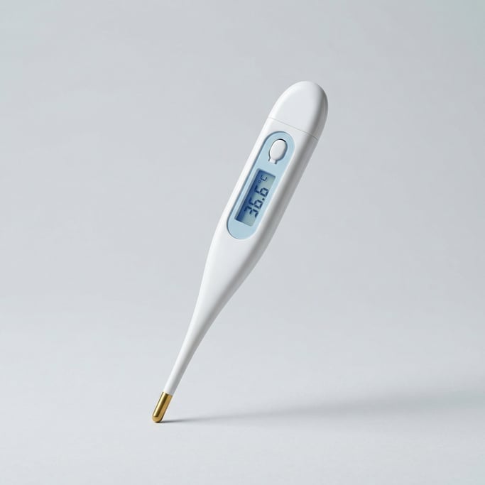 Digital oral thermometer in smooth white medical-grade plastic with a flexible gold-tipped probe and