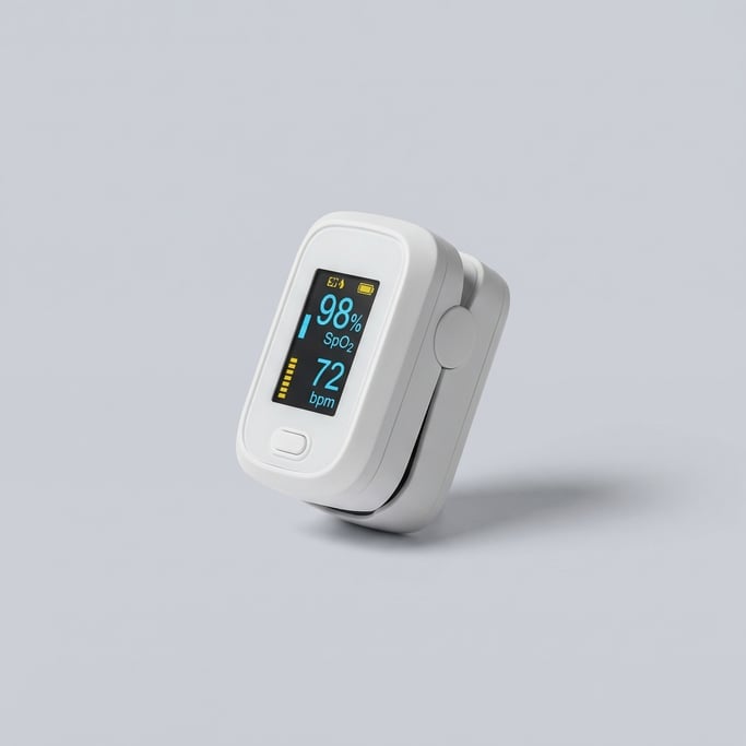 Compact pulse oximeter in matte white ABS plastic with a bright OLED display screen and a spring-loa