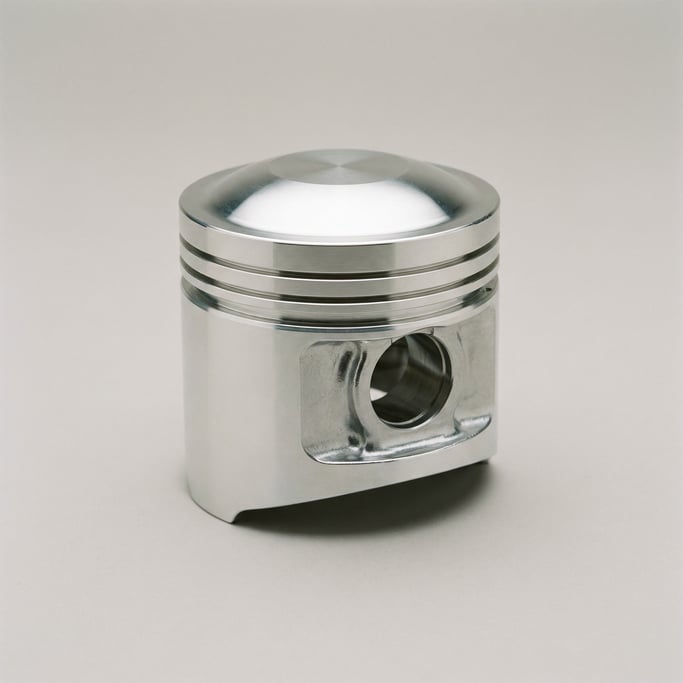 Polished aluminum alloy piston with machined ring grooves, a domed crown surface